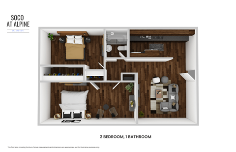 Floor plan for 2 beds, 2 baths, 800 sqft